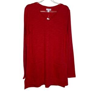 J Jill‎ Womens Size XS Red Tunic Top Long Sleeve Cotton V Neck Front Pockets NEW